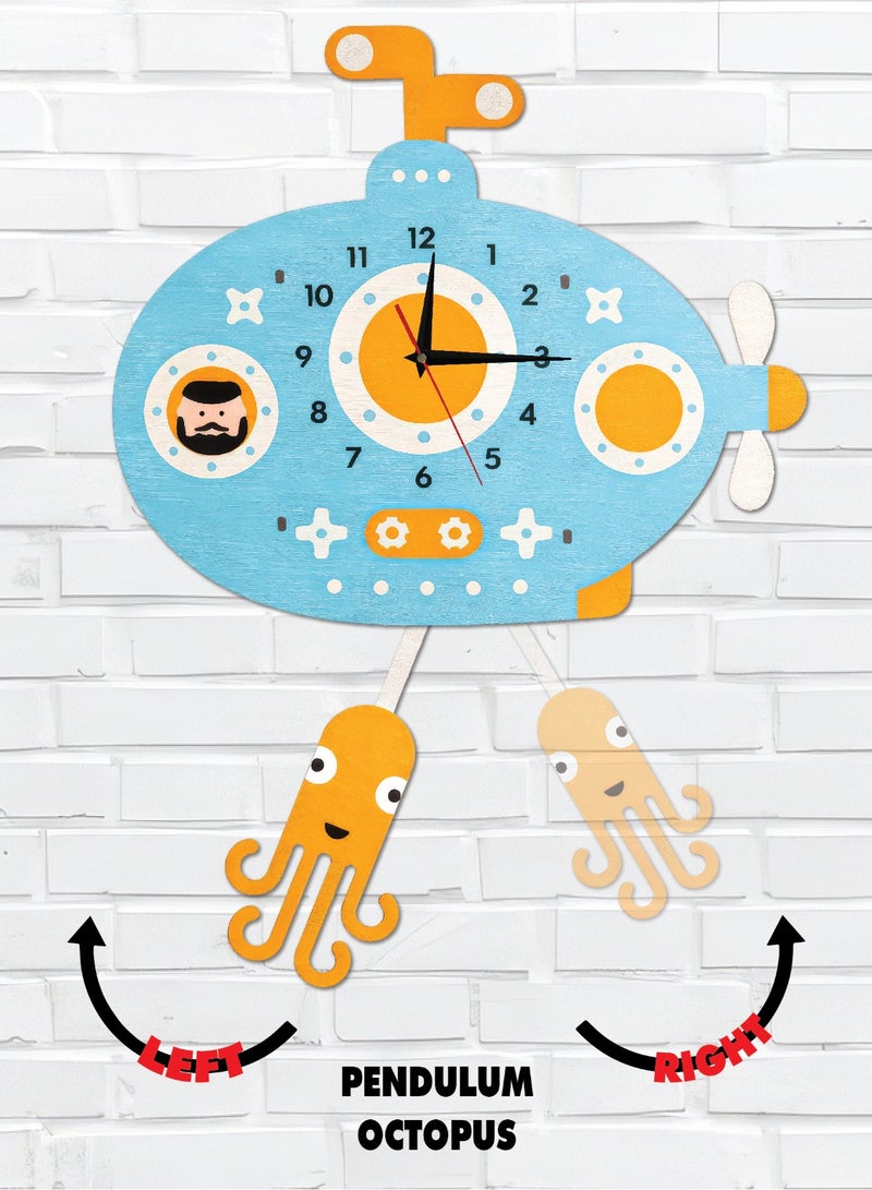 A wall clock with a moving pendulum in the shape of a submarine, featuring an attractive design, reliable quality, soothing colors, silent movement, and easy hanging to suit all tastes. - Image 1